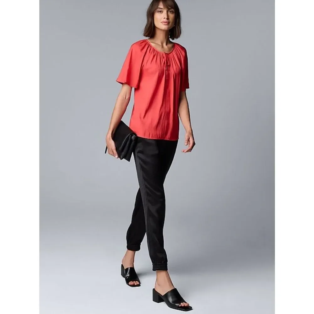 Simply Vera Vera Wang Shirred Tie Neck Short Sleeve Blouse Medium NWT